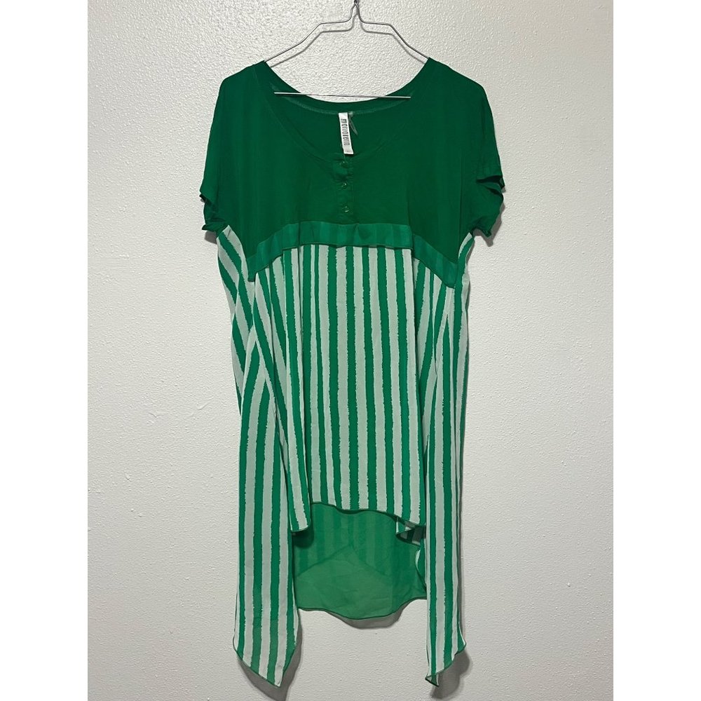 Mariaretto Tunic Green with White Stripe Empire Waist Asymmetric S/S Womans Size